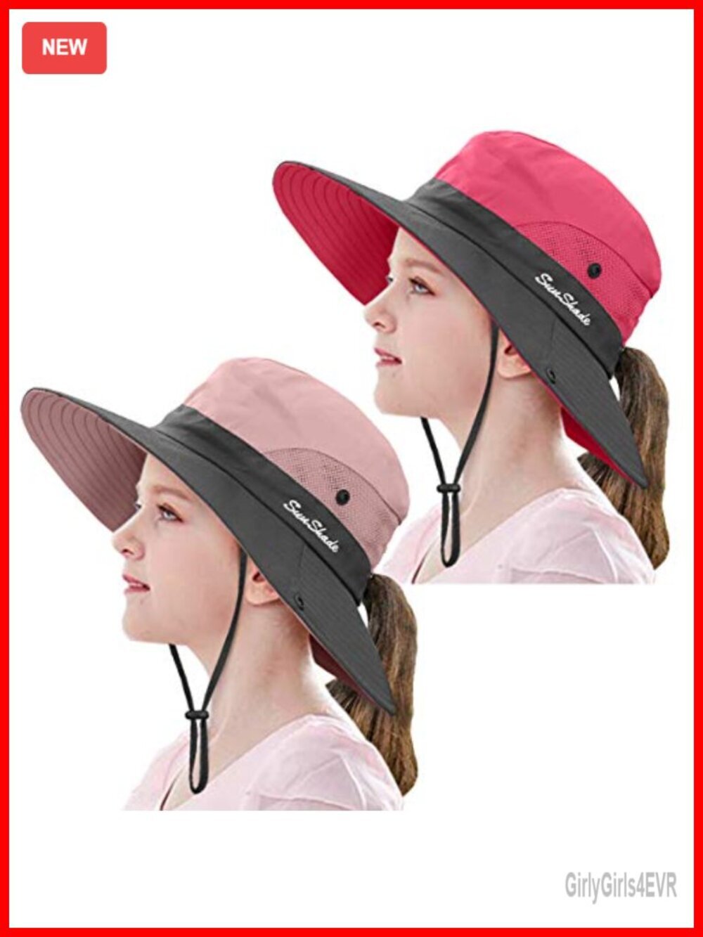 Kids Sun Hat Wide Brim UPF 50+ Ponytail Beach Bucket Cap Adjustable